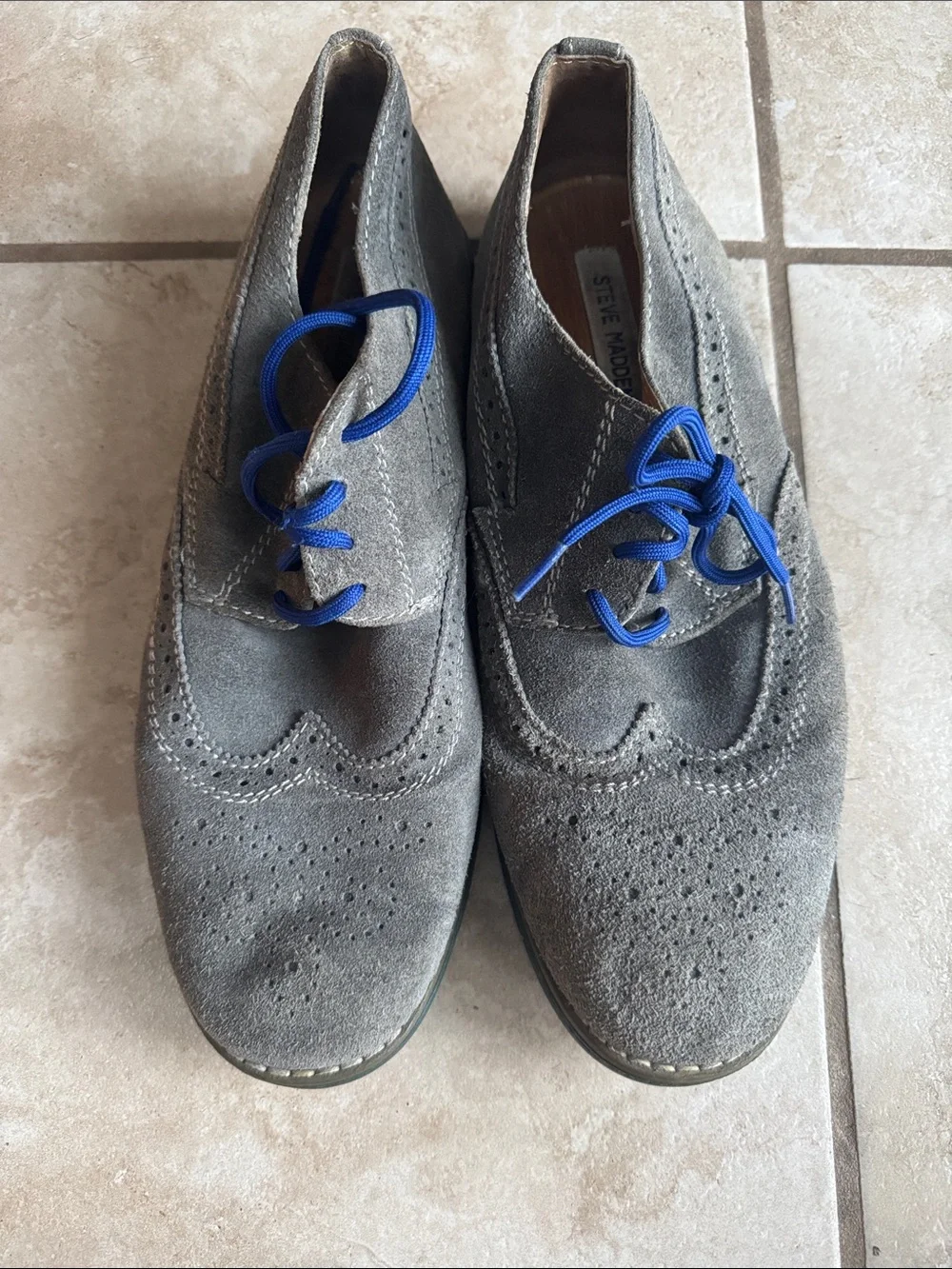 Men's Gray Suede Wingtip Oxfords with Blue Laces